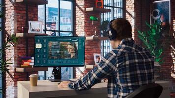 Man listening music while using AI program turning text prompt into videos. Person putting on headphones, interacting with text to artificial intelligence generative model, camera A photo