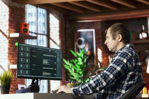 Man in home office discussing with AI LLM chatbots designed to understand human language. Person chatting with AI chatbot trained on data enabling them to answer user questions photo