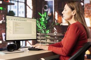 Woman freelancer uses a smart AI assistant to enhance productivity and efficiency in problem solving. Virtual assistance and advanced automation, revolutionizing online task completion. photo