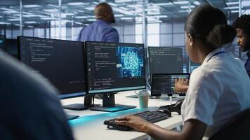 Engineer in data center implementing advanced AI driven predictive maintenance systems to proactively identify and resolve potential hardware failures before they impact operations, camera A photo