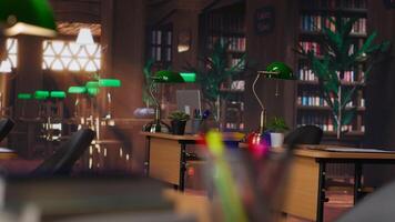 Old fashioned library space with historic charm and beautiful decorations, study desks creating vintage aesthetics. Sophisticated and peaceful environment for learning and wisdom. photo