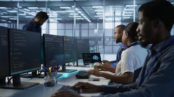 Admin in data center drinking coffee and implementing AI predictive maintenance systems. Server hub worker enjoying hot beverage, using artificial intelligence to identify hardware failures, camera A photo