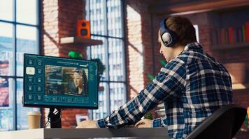 Man listening music while using AI program turning text prompt into videos. Person putting on headphones, interacting with text to artificial intelligence generative model, camera B photo
