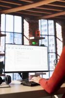 Advanced AI chatbot software displayed on a computer screen, an intelligent system that provides real time virtual assistance. Automation and artificial intelligence for seamless productivity. photo