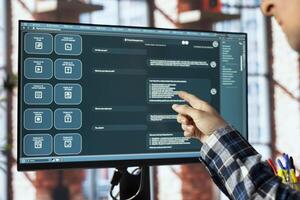 Freelancer in home office uses AI GPT trained on vast amounts of textual data to understand and produce natural sounding human language. Teleworker uses finetuned LLM powered chatbot photo
