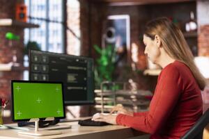 Adult working with a digital AI chatbot system next to copy space at home, doing remote work. Artificial intelligence powered interface simplifies communication and increases efficiency. photo