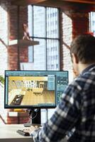 Man using interior design app to redesign room, planning out how furniture will fit new apartment. Professional using virtual home decorating software to preview design implementations photo