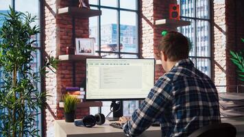 Software developer at computer coding, creating software, implementing algorithms. IT expert in home office working with code editor, building applications, optimizing performance, camera A photo