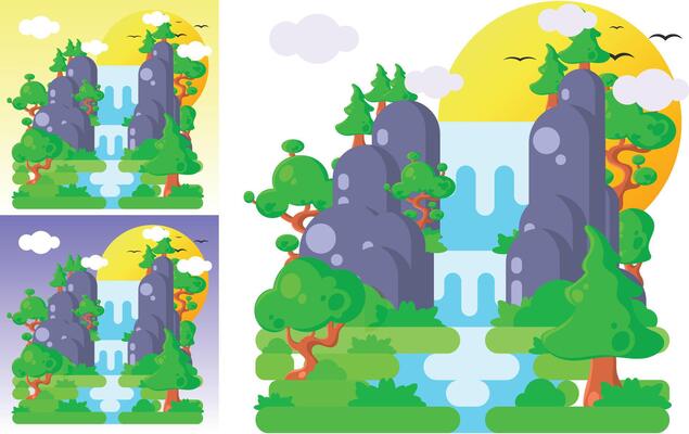 cartoon illustration of waterfalls and trees
