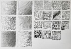 Samples a set of pencil shadows, texture strokes highlighted on a white background. photo