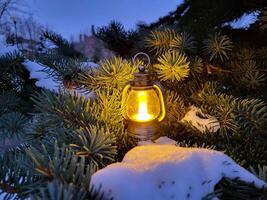 A glowing small decorative lantern stands in the snow on the branches of a fir tree. The concept of New Year and Christmas. photo