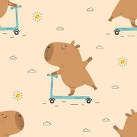 Pattern with cute capybara riding kick scooter vector
