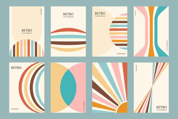 Groovy striped design poster big set retro style