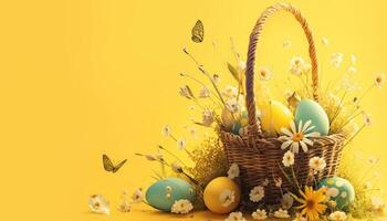Pascua de Resurrección huevos en un mimbre cesta rodeado por flores y mariposas en un amarillo antecedentes foto