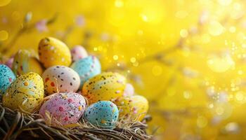 Decorated Easter Eggs in a Nest Against a Yellow Bokeh Background photo