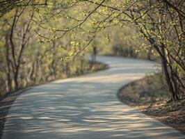 Winding path through trees with new spring leaves photo