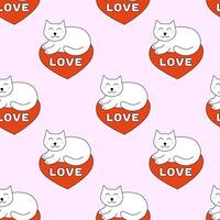 Seamless Pattern with Valentine day Cat on heart. flat illustration. vector