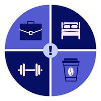 Work-life balance. Circular infographic with icons for work, sleep, exercise, coffee time. Blue and purple color scheme, modern style vector