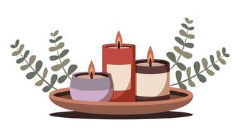 Three lit candles in earthy tones placed on a brown tray with leafy accents, on a white background. Symbol of relaxation and ambiance vector