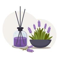 Aromatic lavender diffuser and flower bouquet in a bowl on a neutral backdrop. Concept of relaxation and aromatherapy vector