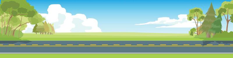 Horizontal or landscape of smooth asphalt road. On the wide grassland. There were grasses and tree and distant pine trees growing on both sides. Softe color of blue sky with white clouds. vector