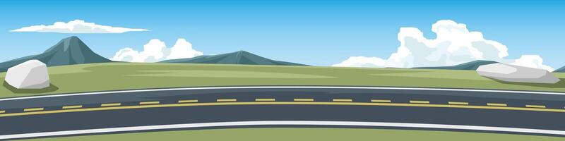 Horizontal or landscape view of curving road path on the slope of the asphalt road. Background of green grass is curved with white stone. Mountain under blue sky and white clouds. vector
