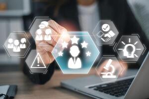 Visual representation of expertise with digital icons symbolizing skills, knowledge, and professional growth. photo