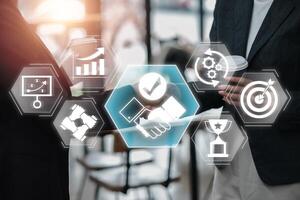 Illustration of a business partnership with handshake and digital icons symbolizing collaboration, success, and teamwork. photo