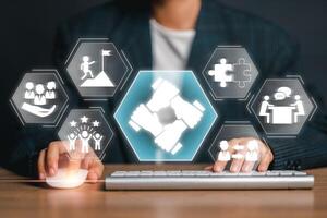 Digital illustration showcasing teamwork with icons symbolizing collaboration, strategy, and communication in a modern office setting. photo