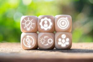 Wooden blocks with business icons symbolize innovation, strategy, and teamwork against a blurred green background. photo