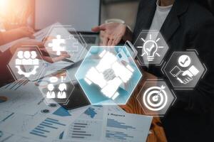 Visual representation of collaboration and innovation in a modern business setting, featuring teamwork and strategic planning. photo