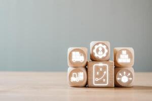 Logistics Concept with Wooden Blocks Illustrating Supply Chain and Distribution Network on a Neutral Background photo