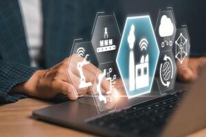 Industry 4.0 Concept with Digital Interface and Automation Technology in Modern Manufacturing and Smart Factory Environment photo