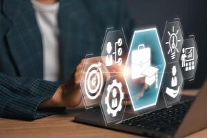 Digital Internship Concept with Futuristic Icons and Business Elements on Laptop Screen photo