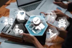 Digital icons symbolize trust, partnership, and success in a business environment, highlighting key elements of reliability and teamwork. photo