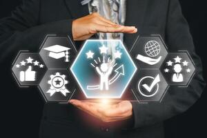 Visual representation of employee motivation with icons symbolizing success, growth, and achievement in a professional setting. photo