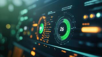 A closeup of a digital dashboard showing realtime energy usage metrics prominently featuring a green indicator for renewable energy consumption photo
