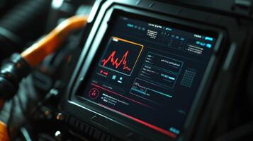 A closeup of a maintenance technicians diagnostics tool showing a list of machine alerts and performance analytics all updated instantly thanks to reliable 5G connectivity photo