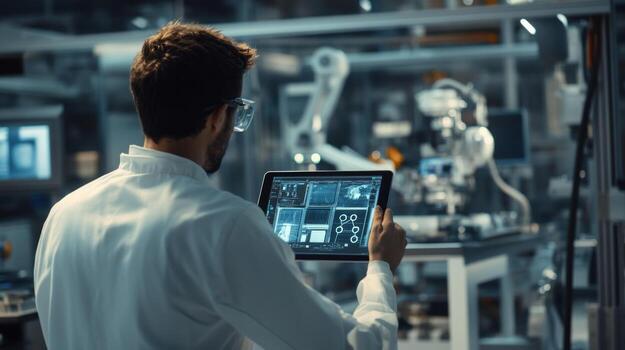 A technician in a modern factory observing a tablet that streams live feeds of distant machinery showcasing the precise alignment and operation through fast 5G networks photo