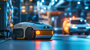 A snapshot of a manufacturing robot outfitted with 5G connectivity actively engaging with nearby autonomous vehicles the background blurred to indicate swift intervehicle communication photo