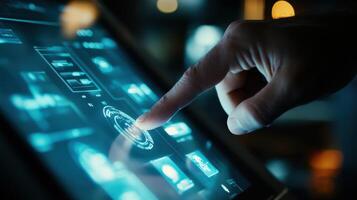 A closeup of a technicians fingertips manipulating a touchscreen interface of an automated control system representing modern industrial automation and the need for techsavvy skill photo