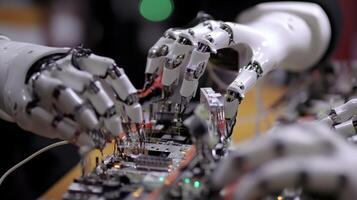 A closeup of robotic arms assembling electronic devices illustrating the blend of automation and human expertise that drives productivity and innovation in domestic factories photo