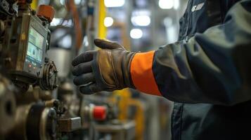 A closeup of a workers hands equipped with smart gloves displaying data and updates in real time skillfully navigating the operation of a complex machine on the factory floor photo