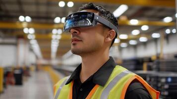 A factory worker observing realtime feedback from AR tools that display biometric data monitoring fatigue levels and alerting the individual when its time for a break photo