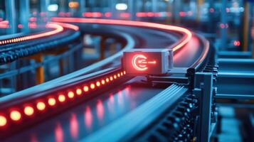 Closeup of a sensor connected to a conveyor belt with blinking lights indicating connectivity status emphasizing the importance of 5G for immediate data transmission and alerts abou photo