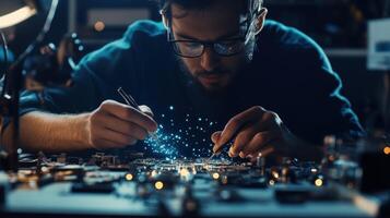 A technician is seen precisely aligning small electronic circuits on a soldering station surrounded by various tools and components reflecting the intricate process of creating photo