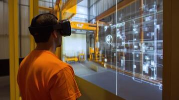 A worker looking at an augmented reality interface showing a 3D simulation of proper lifting techniques enhancing ergonomics and reducing the risk of injury in handling materials photo