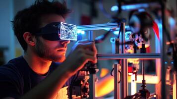 An engineer adjusting a 3D printed prototype while wearing augmented reality glasses which display realtime data and design changes directly in their field of view photo