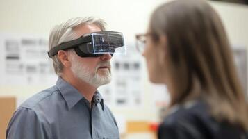 A designer using a futuristic headset that overlays design modifications onto prototype models in a workshop enabling immediate visualization and feedback on product iterations photo
