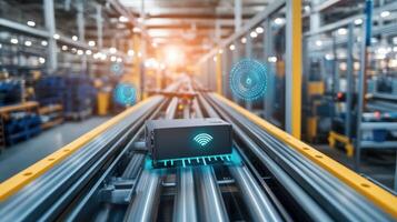 An industrial IoT device mounted on a conveyor belt with visual signals indicating a highspeed data exchange process emphasizing the benefits of 5G connectivity in manufacturing photo